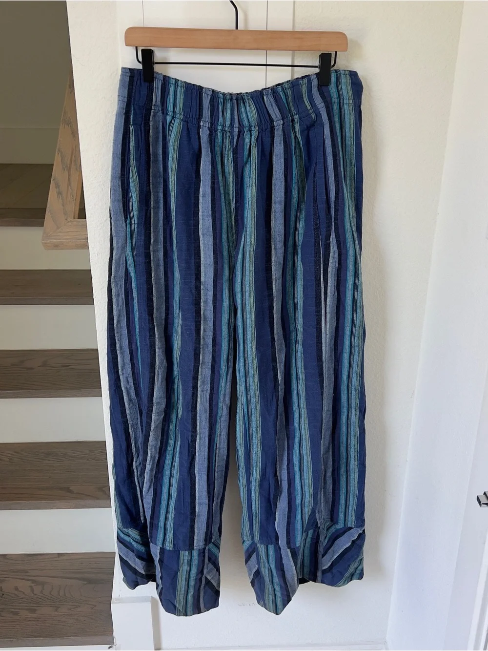 Free People Day's End Linen Striped Pull-On Pants in Blue NWT